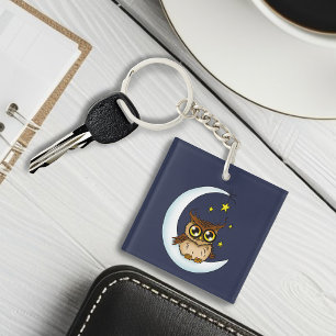 Owl Moon Blue Cute Stars Key Ring