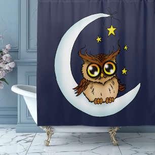 Owl Moon Blue Cute Stars Shower Curtain