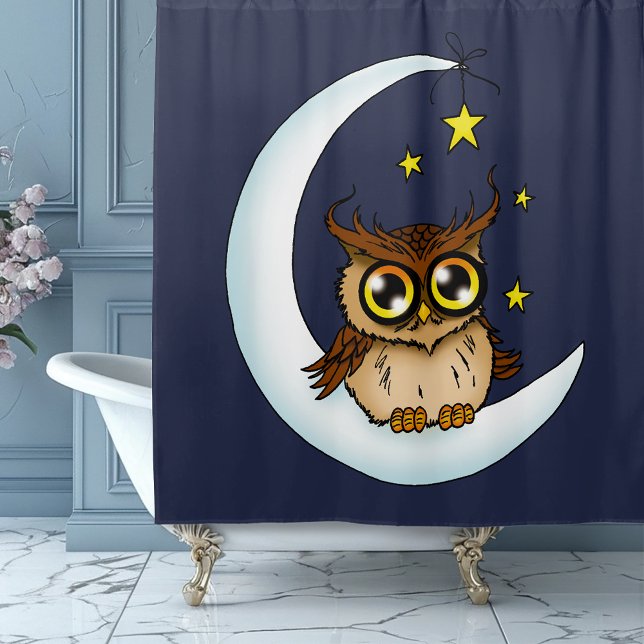 Owl Moon Blue Cute Stars Shower Curtain (Creator Uploaded)