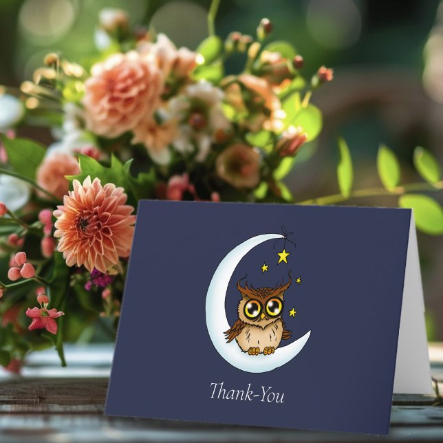 Owl Moon Blue Cute Stars  Thank You Card (Creator Uploaded)