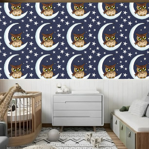Owl Moon Blue Cute Stars Wallpaper