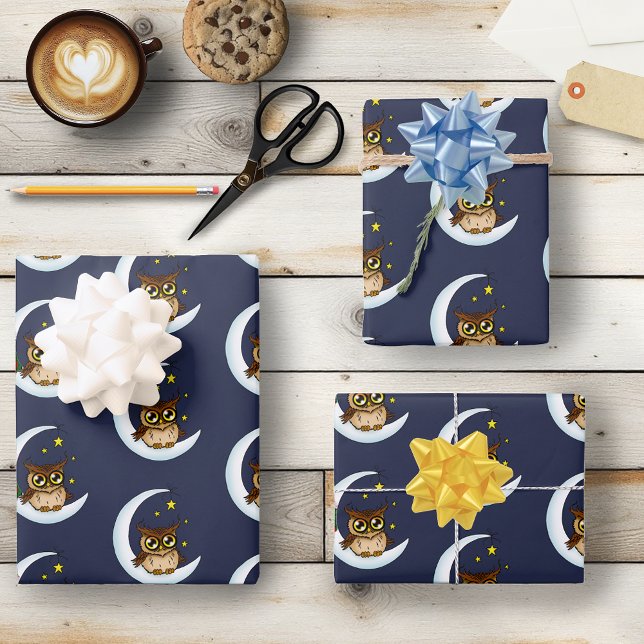 Owl Moon Blue Cute Stars Wrapping Paper Sheet (Creator Uploaded)