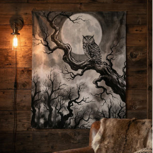 Owl Moon Tapestry   Dark Forest Art 