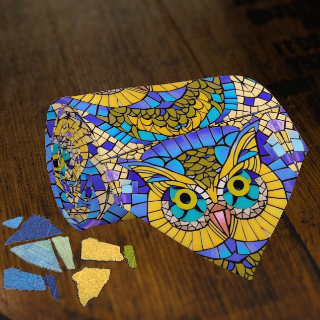 Owl mosaic in blues and yellows fun bird themed tie (Creator Uploaded)