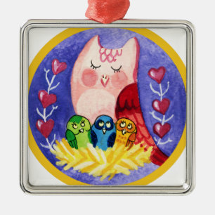 Owl mother of triplets metal ornament