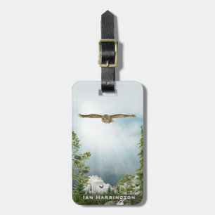 Owl Nature Lover Mountain Landscape Monogram Name  Luggage Tag