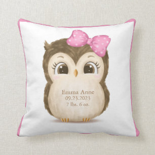 Owl Nursery Birth Stats Girly Keepsake Watercolor Cushion