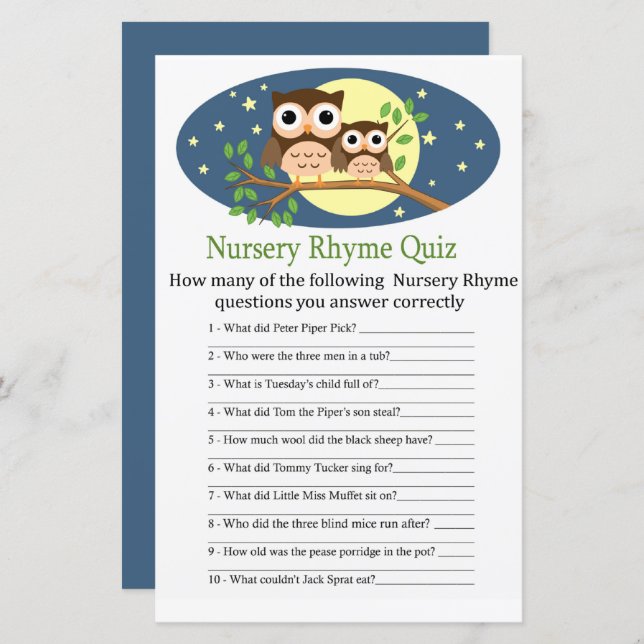 Owl Nursery Rhyme Quiz baby shower game (Front/Back)