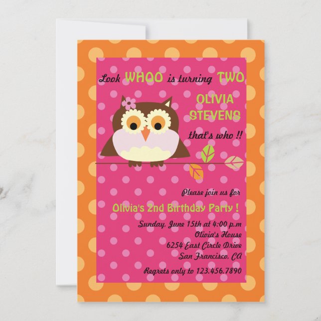 Owl on a branch - Birthday invitations 4 (Front)