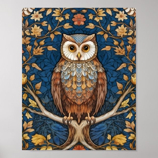 Owl on a branch blue autumn background art nouveau poster (Front)