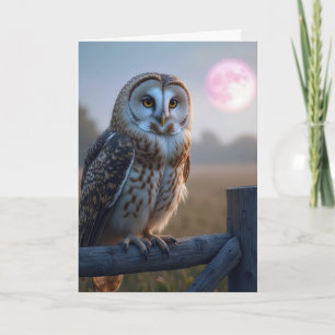 Owl On a Fence With Pink Moon Card