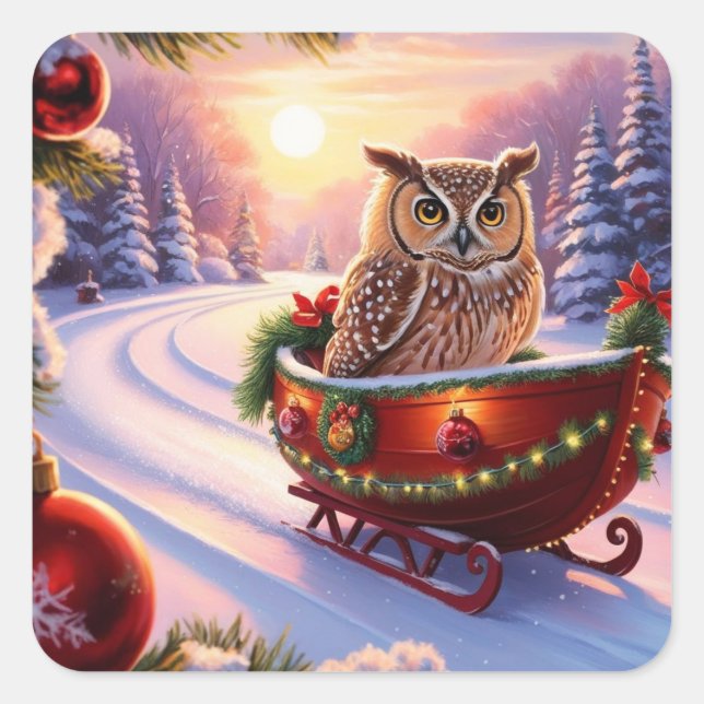 Owl on a sledge during the holidays square sticker (Front)