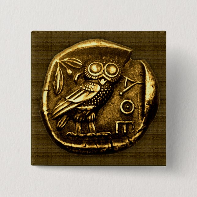 Owl on ancient greek coin 15 cm square badge (Front)