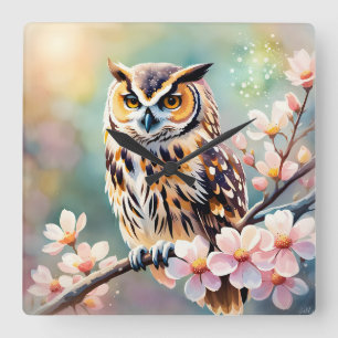 Owl on Apple Blossoms Square Wall Clock