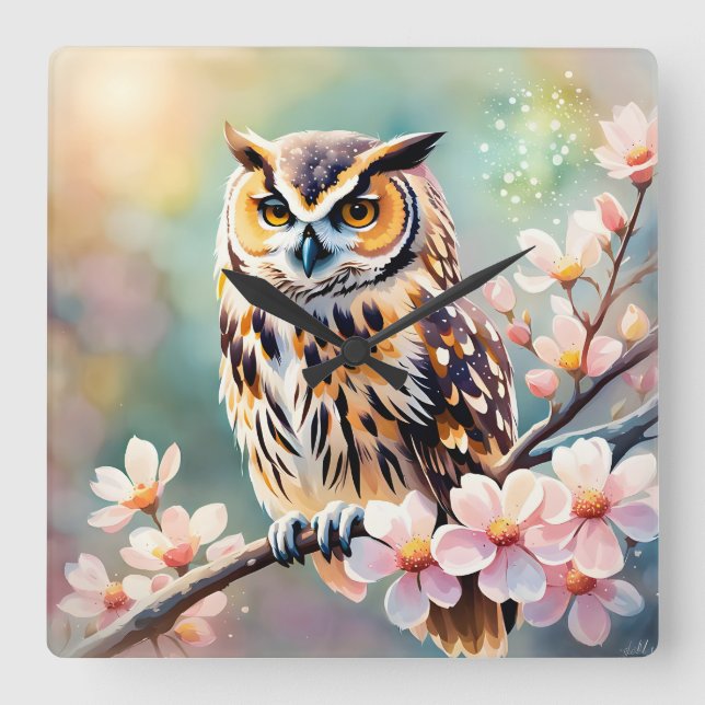 Owl on Apple Blossoms Square Wall Clock (Front)