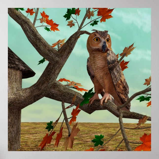 Owl on Autumn Maple Tree Design - Amazing Bird Poster (Front)