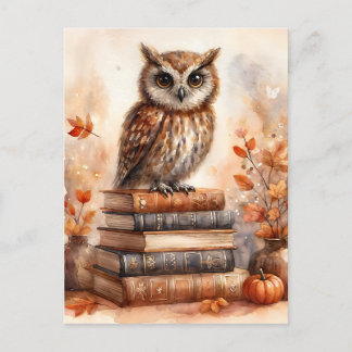 Owl on Books Autumn Watercolor Art Postcard