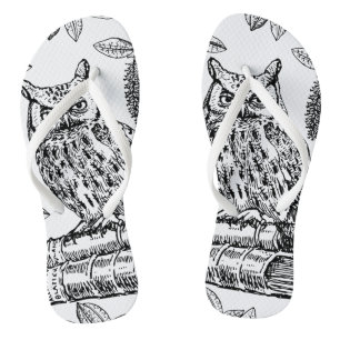 Owl on Books (Black and White) Thongs