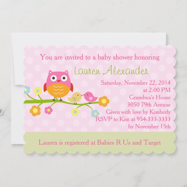 Owl on Branch Baby Shower Invitation (Front)