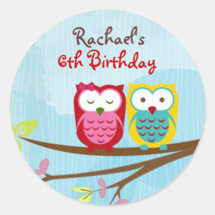 Owl on branch round sticker for gift or favour bag