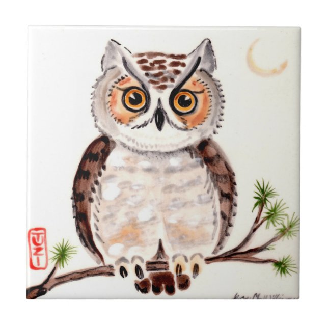 Owl on Branch with Moon Woodland Minimal Art TUZI Ceramic Tile (Front)