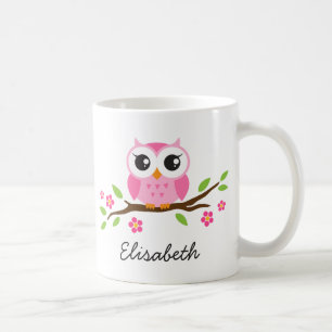 Owl on branch with pink flowers personalised name coffee mug