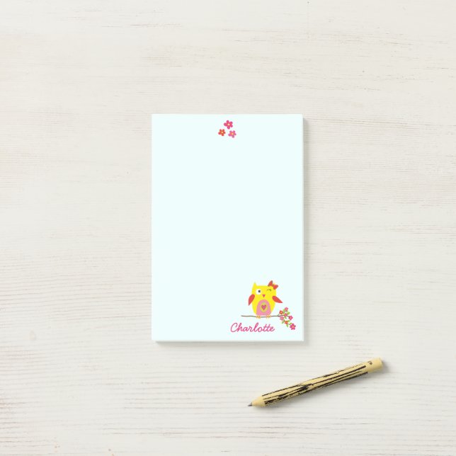 Owl on branch with Pink Flowers Personalised Name Post-it Notes (On Desk)