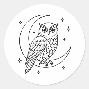 Owl on Crescent Moon with Stars Line Art Classic Round Sticker