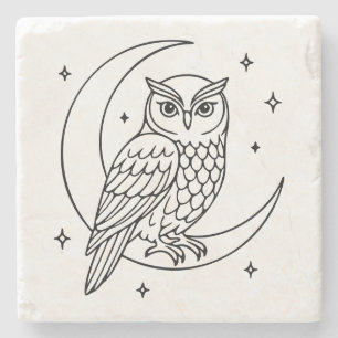 Owl on Crescent Moon with Stars Line Art Stone Coaster