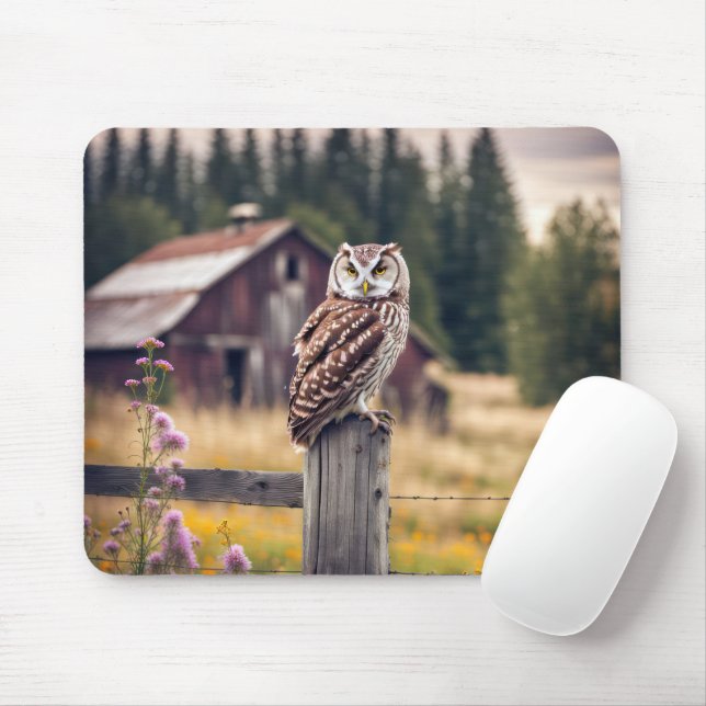 Owl On Fence Post Mouse Pad (With Mouse)