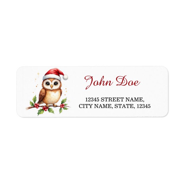Owl on Holly Branch Christmas Return Address Label (Front)
