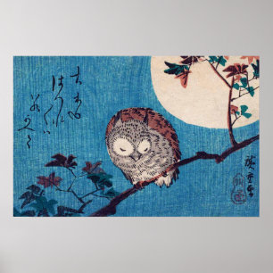 Owl on Maple Branch under Full Moon, Hiroshige Poster