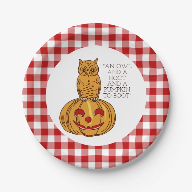 Owl on Pumpkin Gingham Pattern Paper Plate (Front)
