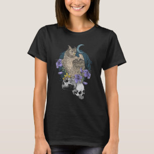 Owl On Skulls With Purple Flowers Moon Distressed T-Shirt