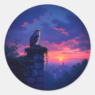 Owl on Sunset City Rooftop Classic Round Sticker