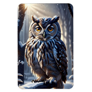 Owl on Tree Branch in Snowy Forest Blank  Magnet