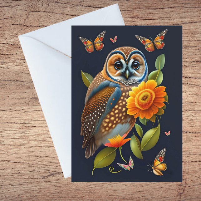 Owl Orange Floral Butterfly Illustration Thank You Card (Creator Uploaded)