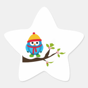 Owl Owls Bird Birds Blue Hat Scarf Snow Cute Tree Star Sticker