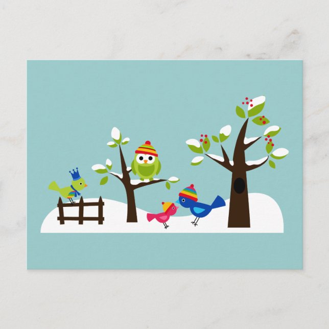 Owl Owls Birds Winter Snow Cute Tree Cartoon Postcard (Front)