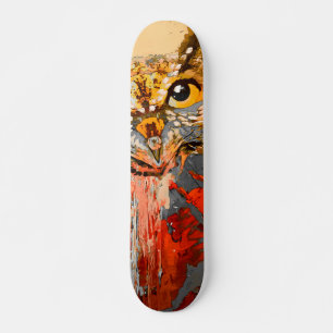 Owl painting, abstract background in red, gold skateboard
