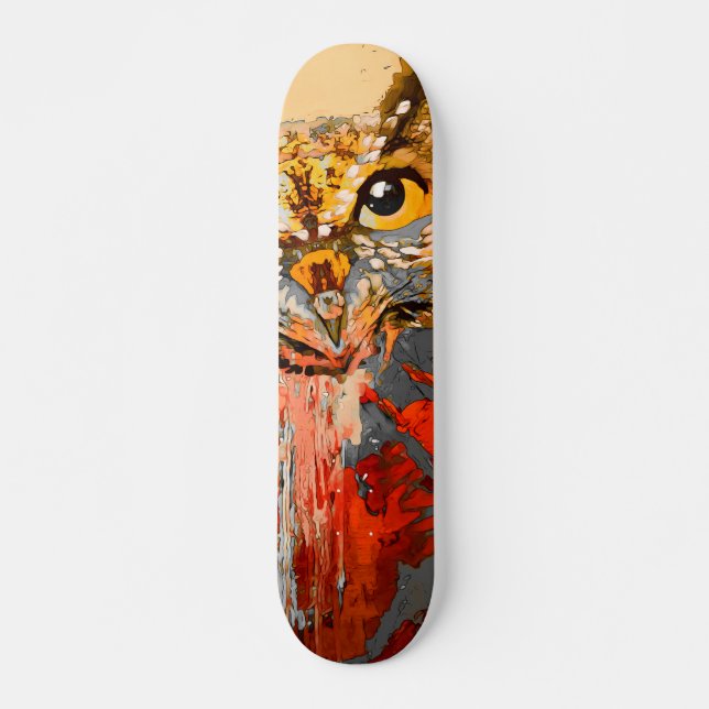 Owl painting, abstract background in red, gold skateboard (Front)