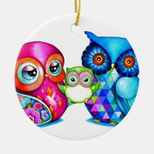 Owl Parents and Baby Ceramic Tree Decoration