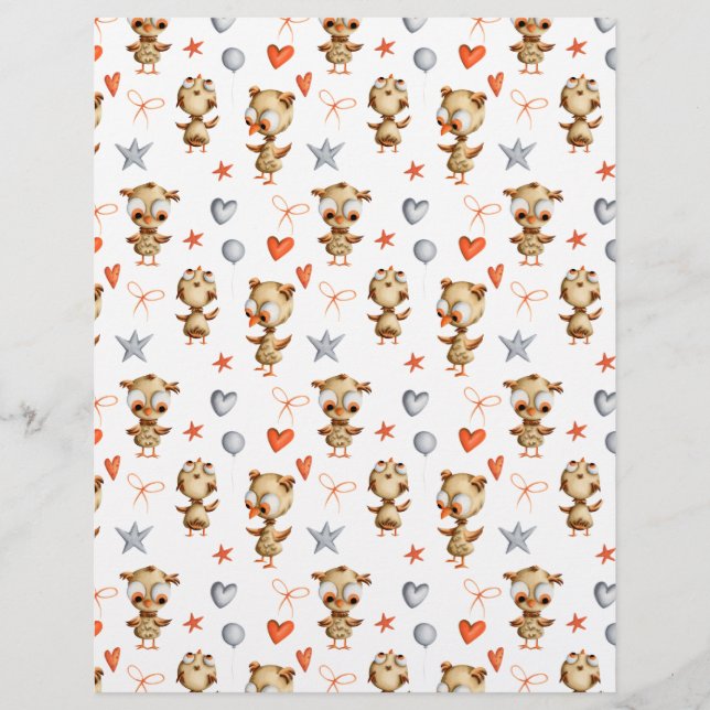 Owl Party with Hearts and Stars Scrapbook Paper (Front)