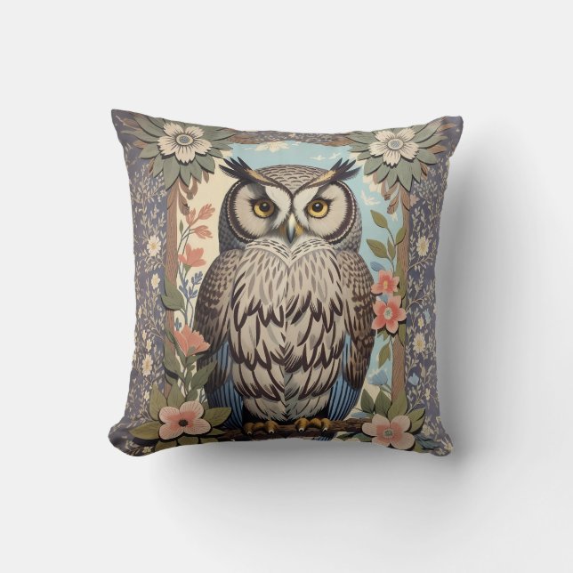 Owl Pastel Floral William Morris Inspired Cushion (Front)