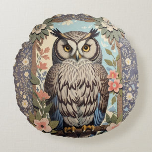 Owl Pastel Floral William Morris Inspired Round Cushion
