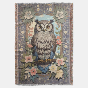 Owl Pastel Floral William Morris Inspired Throw Blanket