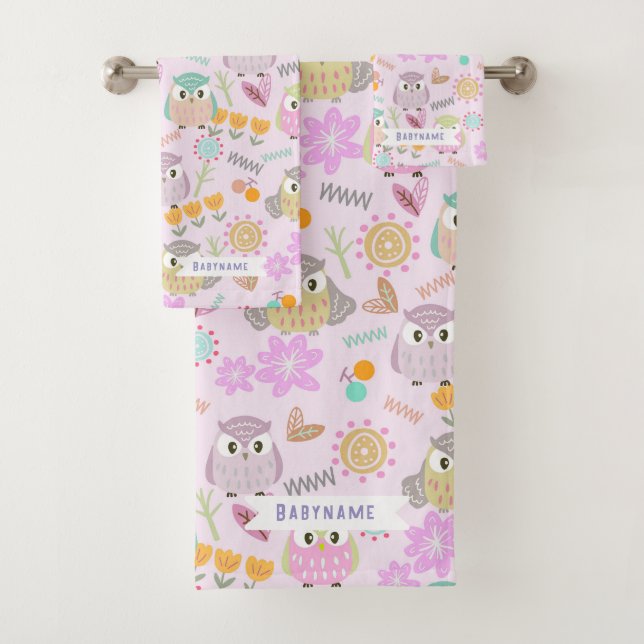 Owl Pastel Pink   Bath Towel Set (Insitu)