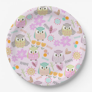 Owl Pastel Pink Paper Plate