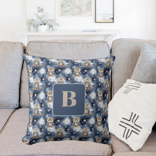 Owl pattern blue night monogram cushion