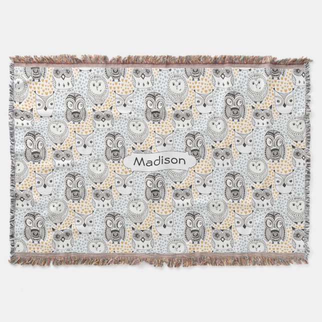 Owl Pattern custom name throw blanket (Front)
